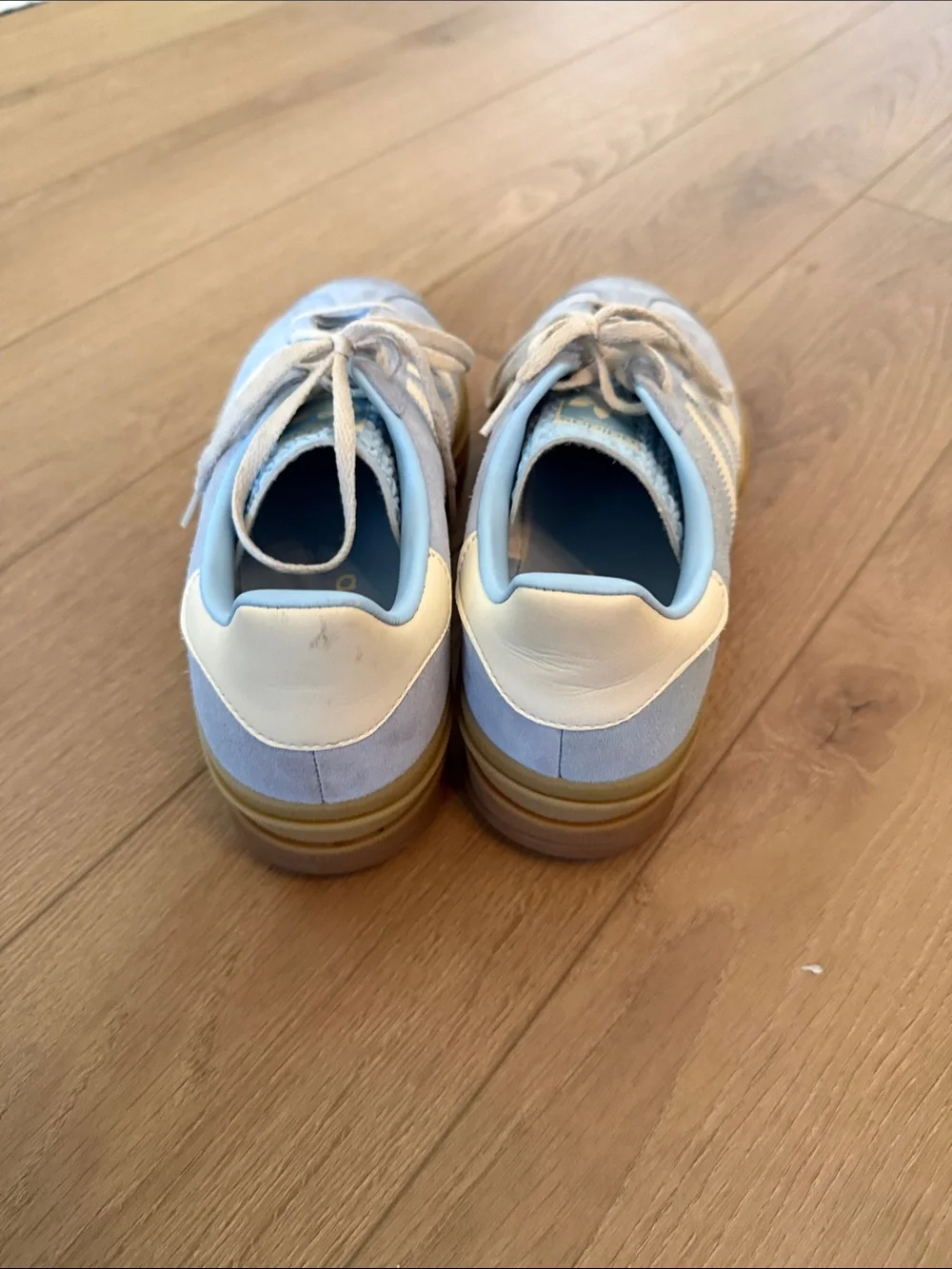 adidas Gazelle Platform Suede Sneakers in Light Blue and White with Gum Sole